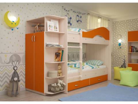 Двухъярусная кровать со шкафом Мая щиты оранжевый