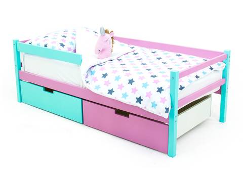 Кровать-тахта Svogen с ящиками и бортиком мятный-лаванда