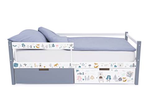 Кровать-тахта Svogen с ящиками и бортиком с фотопечатью графит-белый/мишки