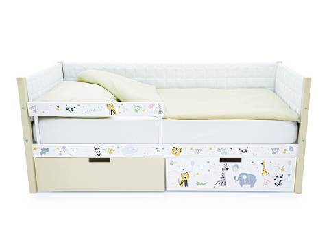 Кровать-тахта Svogen мягкая с ящиками и бортиком с фото бежевый/зверята