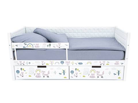 Кровать-тахта Svogen мягкая с ящиками и бортиком с фото белый/лисята