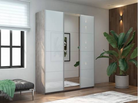 Шкаф-купе Прайм 3-х дверный 1800 два Стекла Белые/Зеркало Бетон