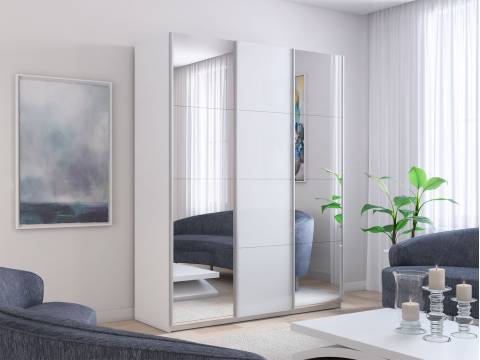 Шкаф-купе Прайм Широкий 3-х дверный два зеркала/ДСП Белый Снег