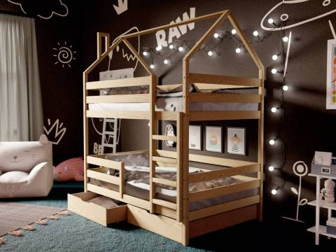 Двухъярусная кровать-домик без покраски 80х190 см с ящиками